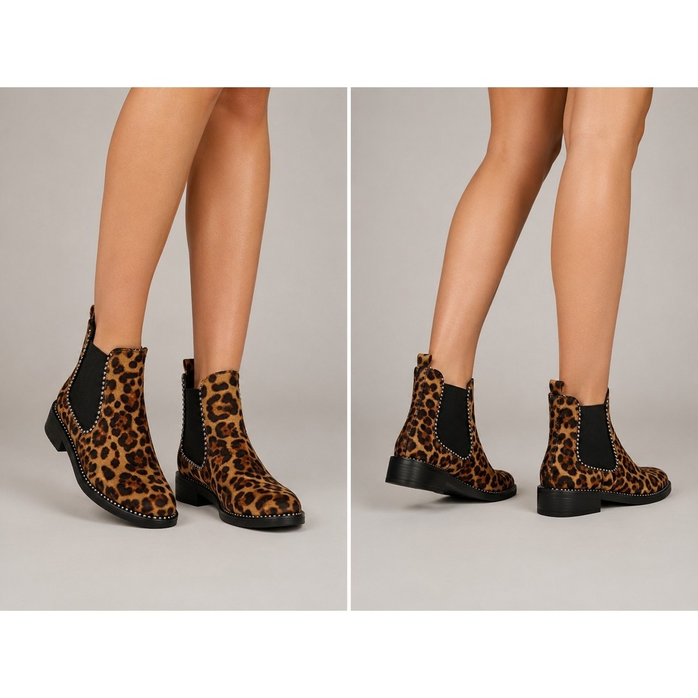Leopard Print Chelsea Ankle Boots Womens 8.5 Studded Slip On Booties